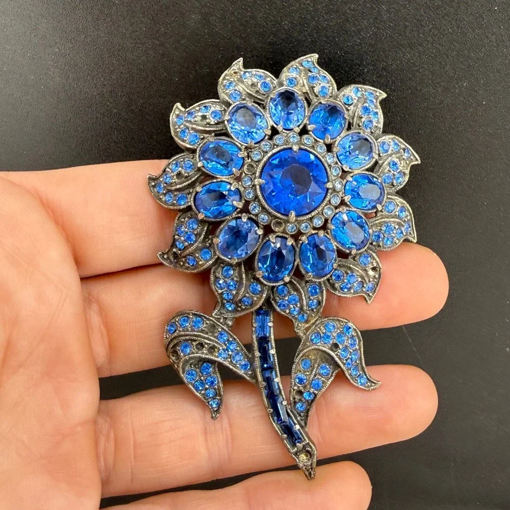 Vintage Pot Metal Brooch Blue Rhinestone Sunflower Brooch Floral  Large